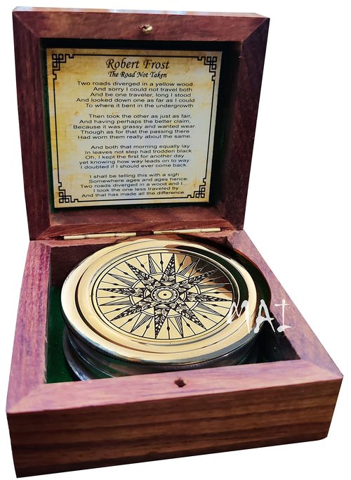 Antiqued Brass Robert Frost Poem Compass with Wooden Box, Inspirational Gifts for Woman, Aniversity Gifts for Men,Engraved,Wedding for Boys, Pocket Compass for Hiking Survival