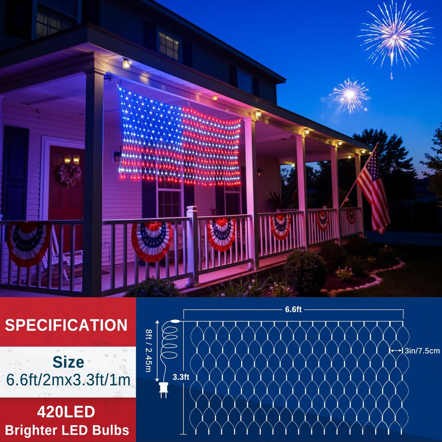 American Flag Lights Outdoor - 420 Super Bright Red White and Blue Lights, Waterproof Led Flag Net Light of The United States for Memorial Day, 4th of July, Yard, Garden, Christmas Decorations