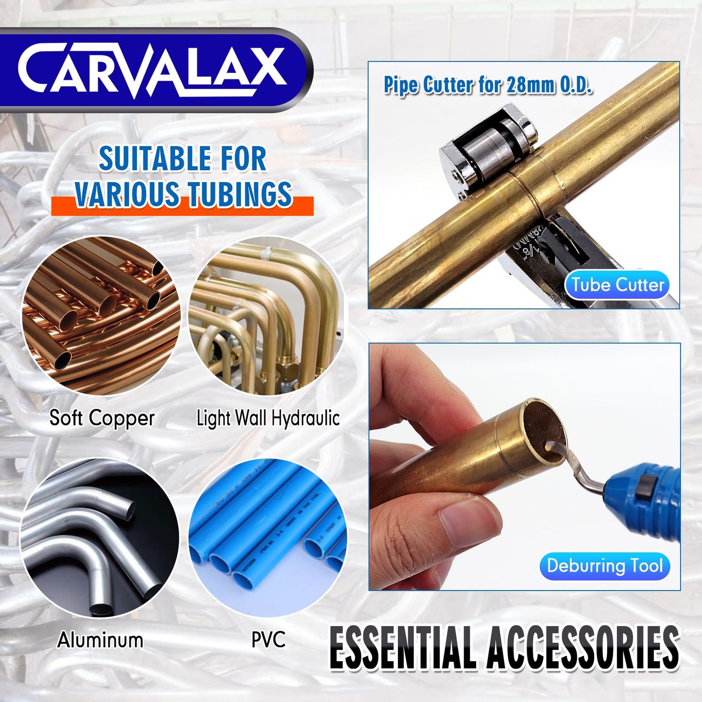 CARVALAX 90° Ratcheting Tube Bender Kit - 7 Color-Coded Aluminum Heads for 1/4" to 7/8" Pipes, Reverse-Bend Adapters & Portable Toolbox, Tube Cutter & Deburring for HVAC/Hydraulic Projects (Blue）