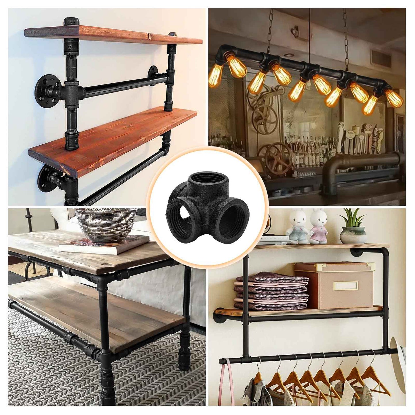 1" Black Pipe Fittings 4-Way Side Outlet Tee - Home Expert 4 Pack Malleable Cast Iron Threaded Pipe Fittings for Industrial Pipe Shelves Bracket, Vintage Industrial Pipe Furniture