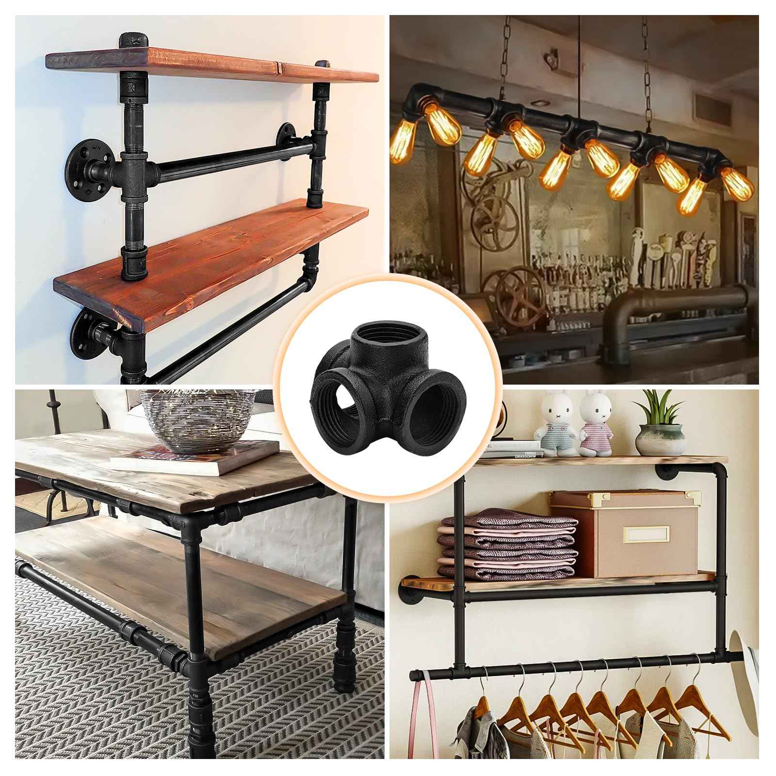 1" Black Pipe Fittings 4-Way Side Outlet Tee - Home Expert 4 Pack Malleable Cast Iron Threaded Pipe Fittings for Industrial Pipe Shelves Bracket, Vintage Industrial Pipe Furniture