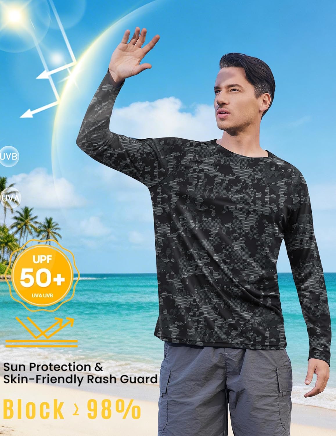 PINSPARK Men's UV Protection Long Sleeve Fishing Shirt - Quick Dry Camo Rash Guard for Active Wear