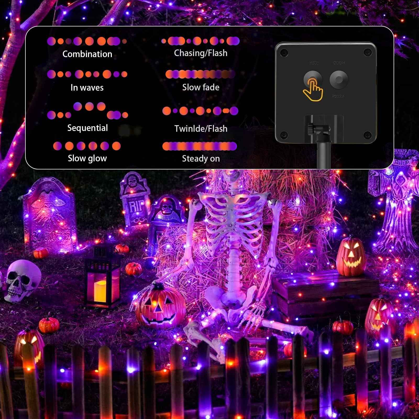 SyouHome 2-Pack Solar String Lights,78Ft Extra-Long 200 LED Waterproof Solar Halloween Lights, 8 Modes for Garden, Patio, Wedding (Purple & Orange)