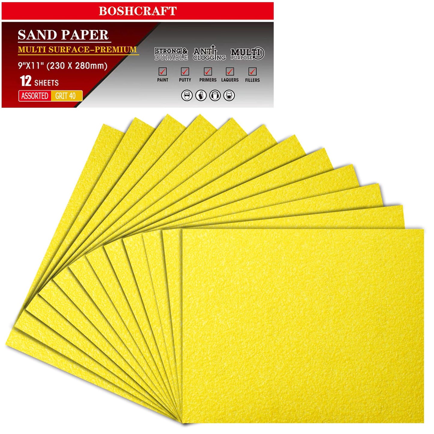 40 Grit Sand Paper, 12Pcs Sandpaper Assortment Sandpaper for Wood Metal Furniture Hand Sander Sand Paper Set Sandpaper Sheets Cut for Use 9" x 11"/12 Sheets