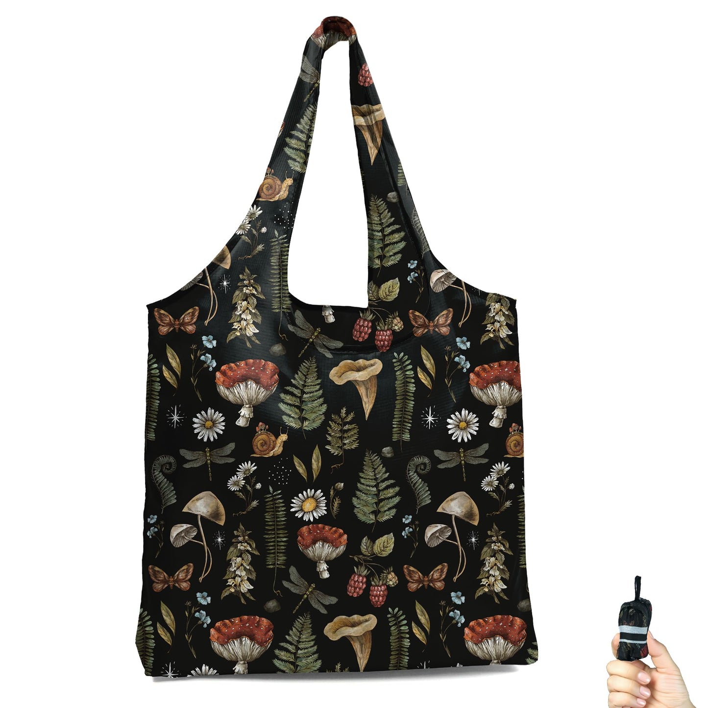 BeeGreen Mushrooms Ultimate Travel Tote Bag - Reusable Grocery Shopping Bag - Foldable Compact Lightweight Duffle Bags