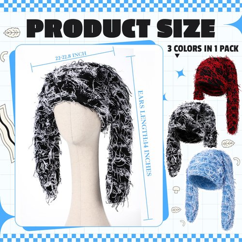 Cutecrop 3 Pcs Bunny Beanie Bunny Ears Hat Fluffy Warm Hat Faux Fur Fuzzy Y2k Furry Winter Hats Long Rabbit Ear Plush Beanie(Red and Black, Blue and White, Black and White)