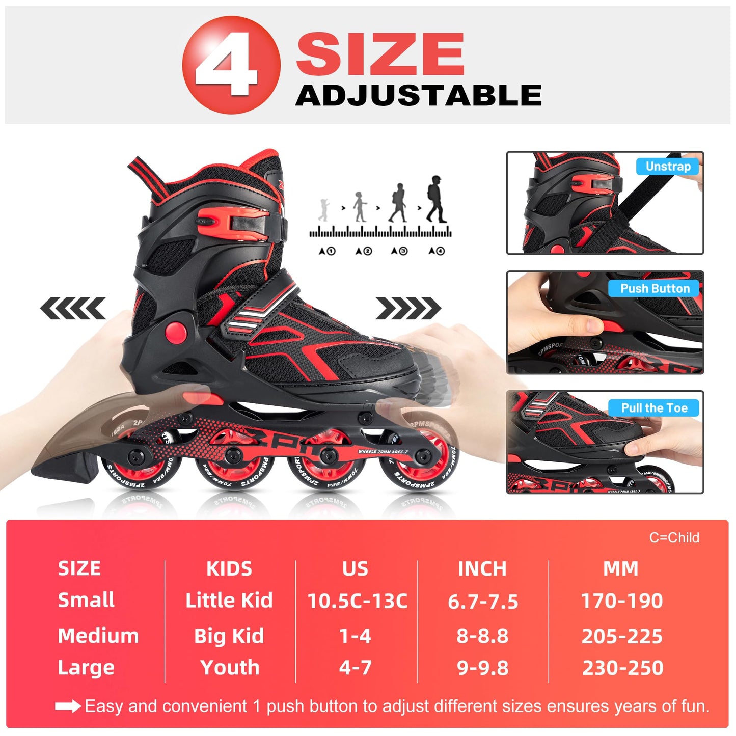 2PM SPORTS Torinx Green Boys Adjustable Inline Skates, Fun Beginner Roller Skates for Kids, Youth, Girls, Men and Women (Red, Medium - Big Kid (1-4 US))