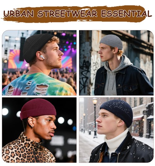 Swag Wool Knit Cuff Short Fisherman Beanie for Men Women, Spring Fall Winter Warm Hats, Trawler Skull Cap, Watch Cap Black