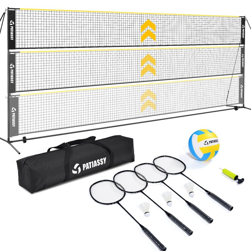 Patiassy Portable Badminton Volleyball Pickleball Net for Backyard, 17FT Combo Set with 5.1ft-7.4ft Adjustable Height for Outdoor Driveway Games, 4 Rackets, 3 Shuttlecocks, 1 Ball and Carry Bag