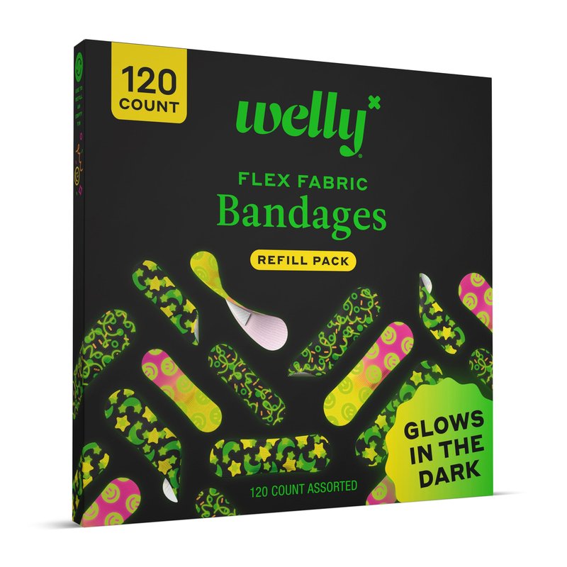 Welly Bandage Glow-in-the-Dark Refill Pack | Adhesive Flexible Fabric Bandages | Assorted Shapes and Patterns for Minor Cuts, Scrapes, and Wounds - 120 Count