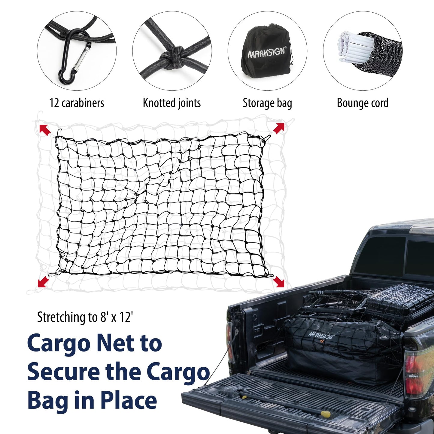 Marksign Truck Bed Bag with Cargo Net, 26 Cubic Feet 100% Waterproof Truck Cargo Bag Fits Any Truck Size with 4 Handles, Packing Bag (51''x40''x22'', Patent Pending)