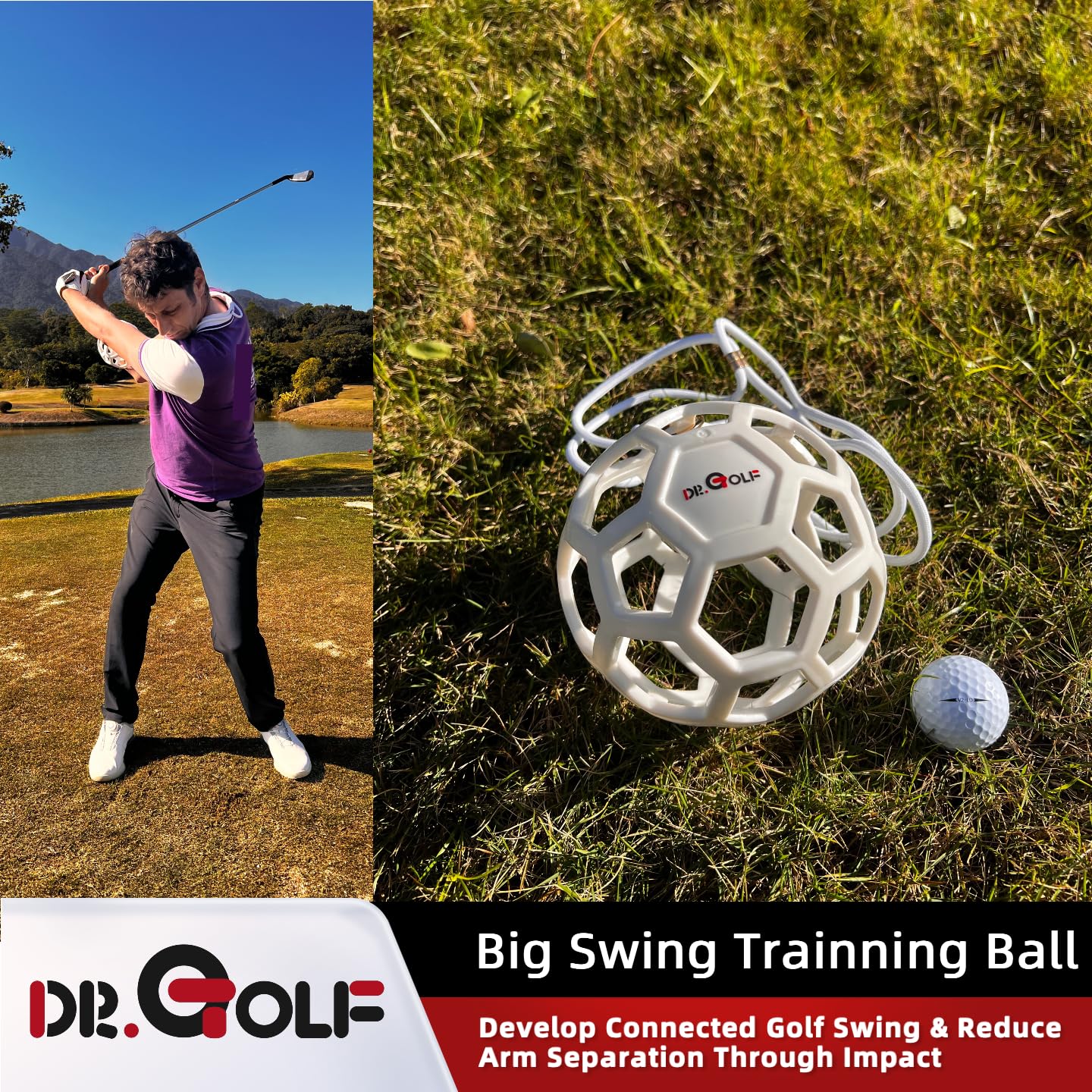 Dr. Golf Big Swing Training Ball - Advanced Muscle Memory Trainer for Arm-Hand Synchronization, Develop Connected Golf Swing & Reduce Arm Separation Through Impact (White)