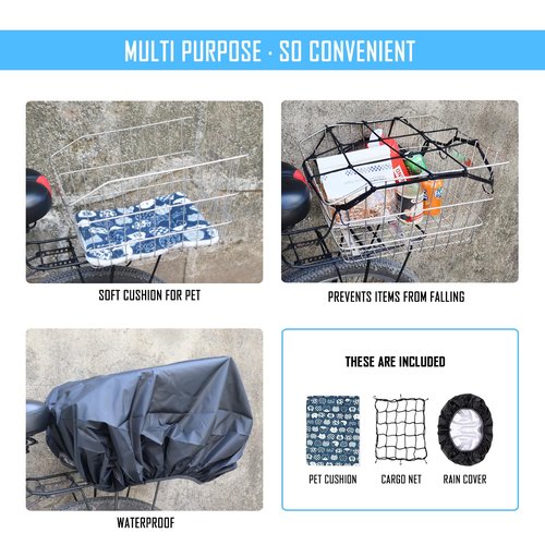 MATTISAM Large Stainless Steel Bike Basket Rear, Tool-Free Install, Bicycle Back Pet Dog Carrier, Silver, 17in(L) x13in(W) x9.8in(H), with Waterproof Cover, Cargo Net