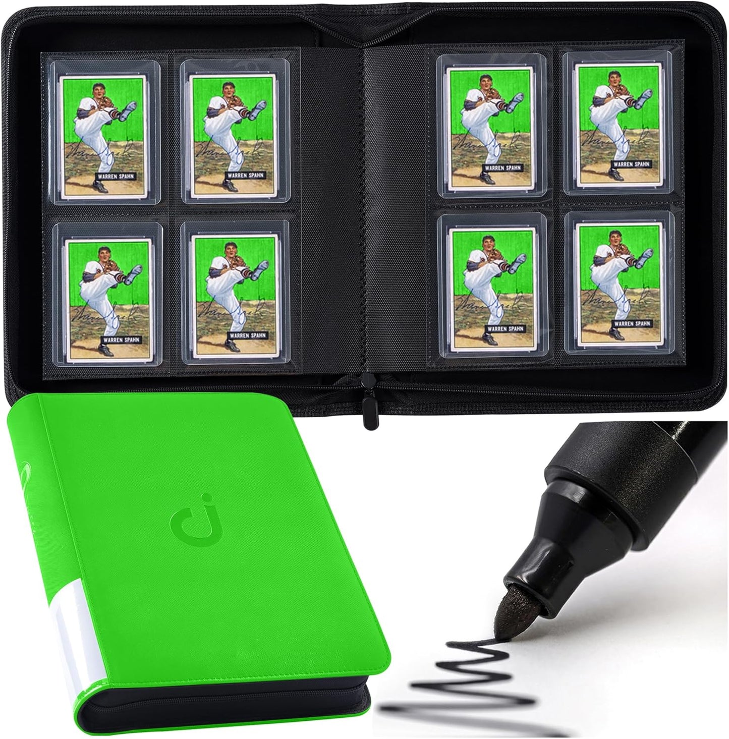 Top Loader Binder - Holds 128 Trading Cards | 4 Pocket Design for 3" x 4" Rigid Holders - Brilliant Green