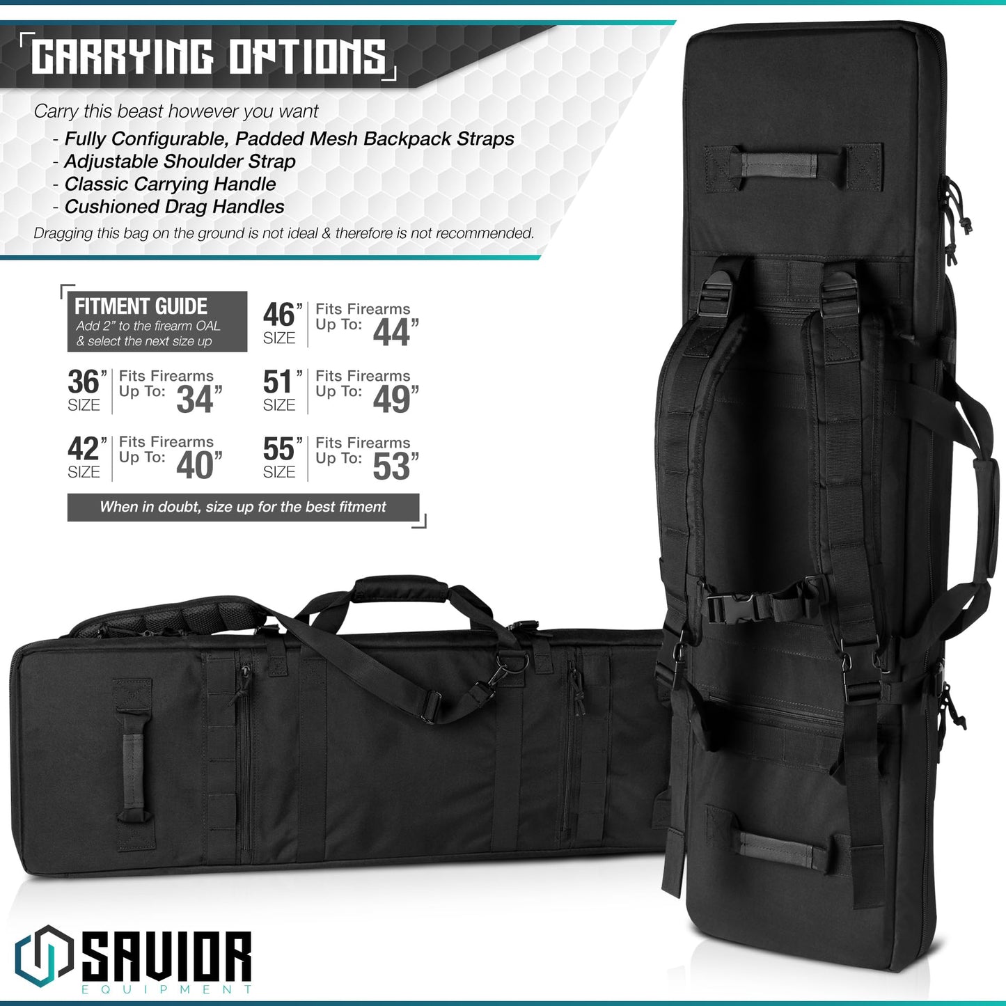 Savior Equipment Urban Warfare Tactical Double Long Gun Bag Case Backpack w/Pistol Handgun Case,42 Inch Obsidian Black