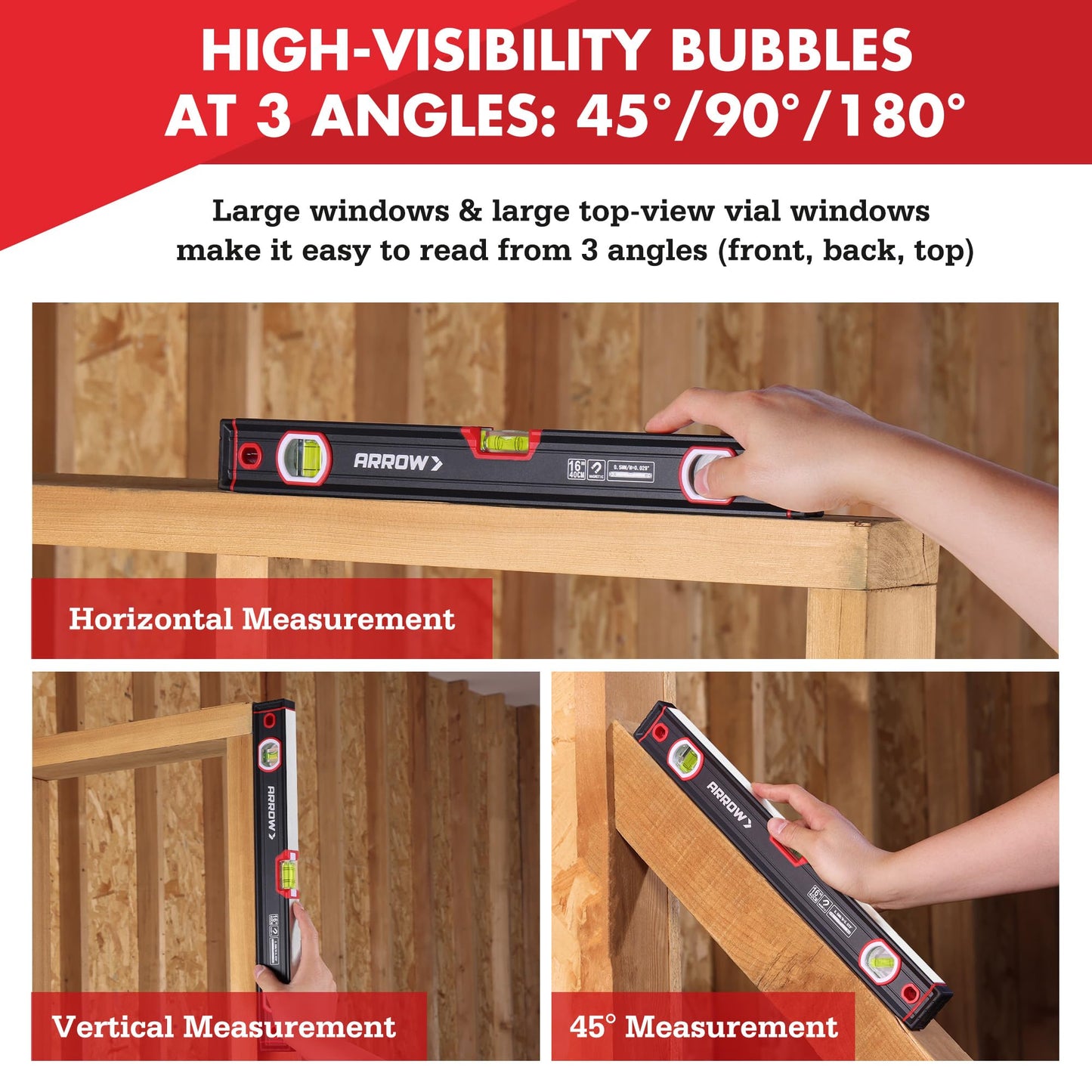 ARROW 16-Inch Level, Magnetic Torpedo Level with 45°/90°/180° Bubbles, Aluminum Alloy Body, Precision-Machined Base, Shockproof Rubber End Caps, V-Groove & Hanging Hole for Construction, Carpentry