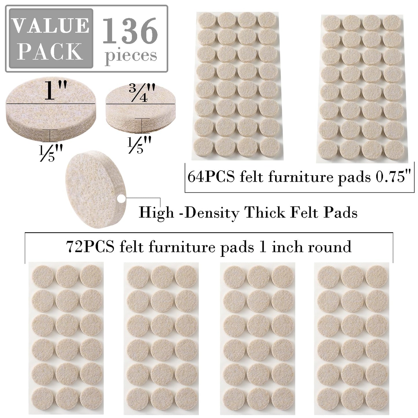 Fursafe&Q Felt Furniture Pads for Hardwood Floors, Self Adhesive Chair Felt Pad - Furniture Feet Floor Protectors, Furniture Sliders Protect from Nicks, dents and Scratches, Reduce Noise, Round
