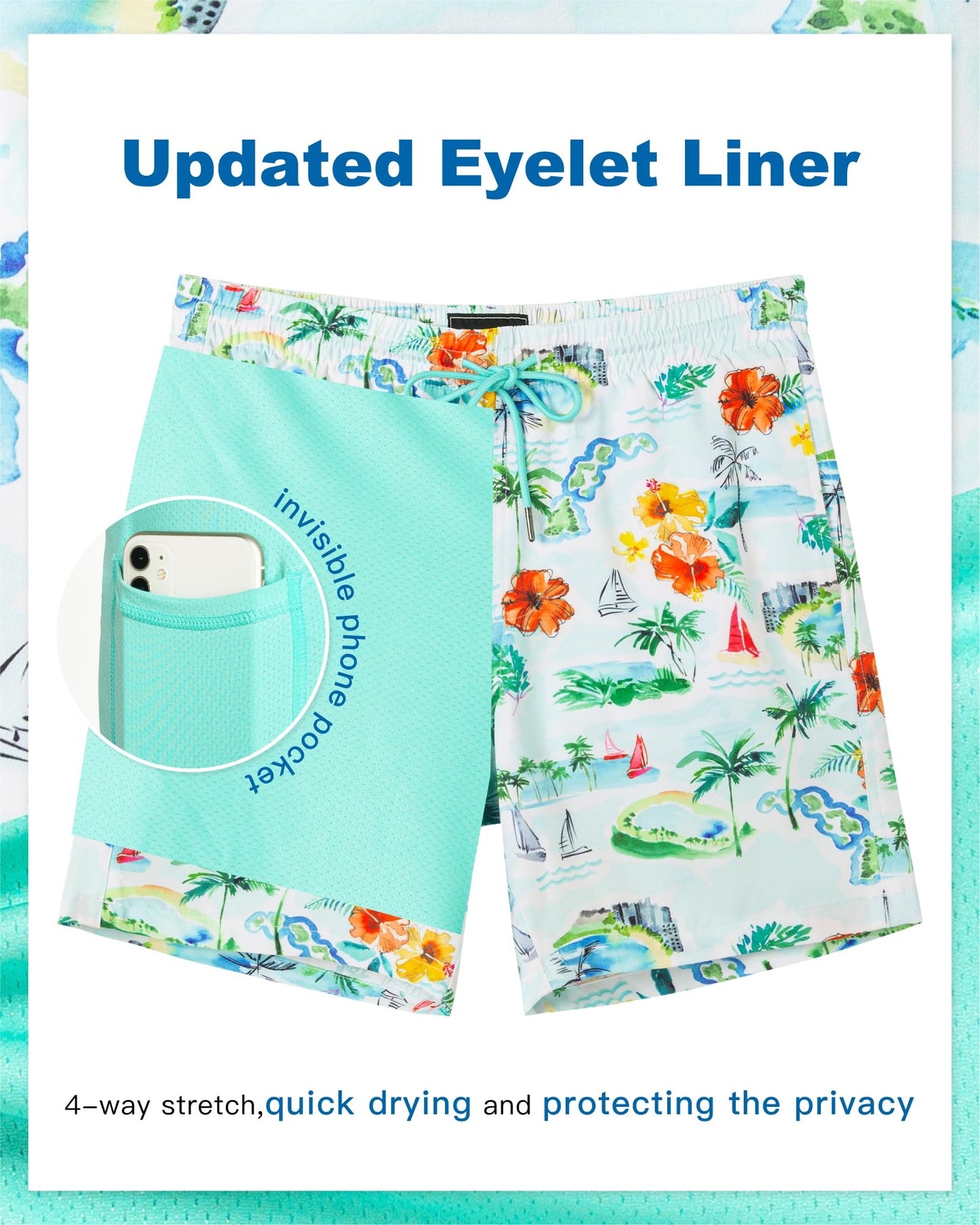 SURF CUZ Mens Swim Trunks with Compression Liner Quick Dry Swim Shorts 7" Swimming Trunks Stretch Bathing Suit Zipper Pockets,Tropical Breezers,XXL