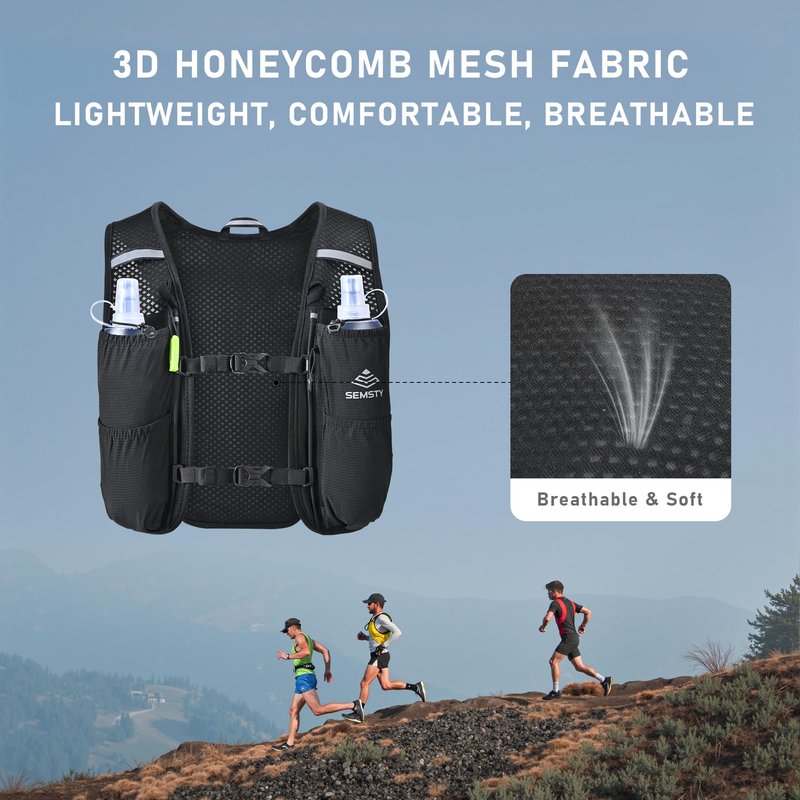 SEMSTY Running Vest for Women Men, 5L Hydration Vest with Dual 500ml Soft Flask, Lightweight Water Backpack, Adjustable Chest Straps Hydration Backpack for Running Cycling Hiking