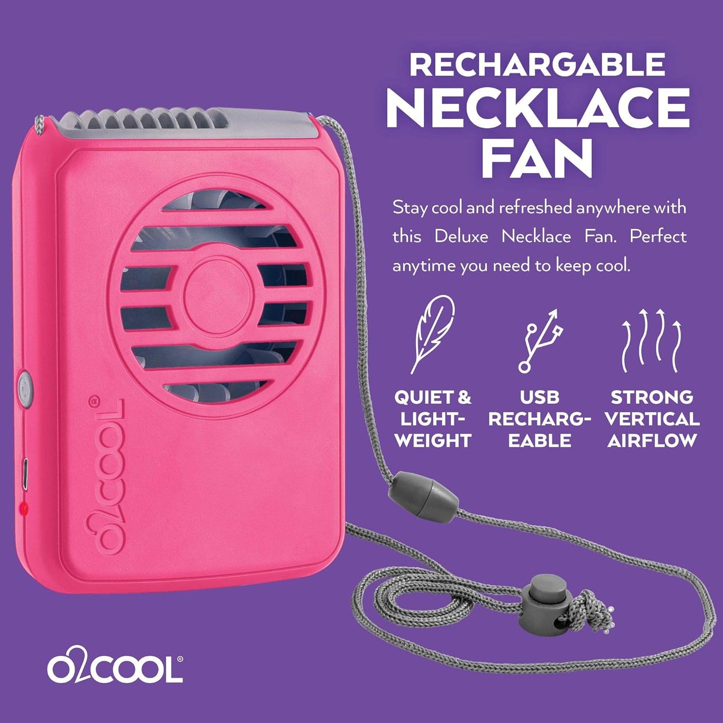 O2COOL Rechargeable Neck Cooling Fan - Portable & Lightweight | 2-Pack in Pink
