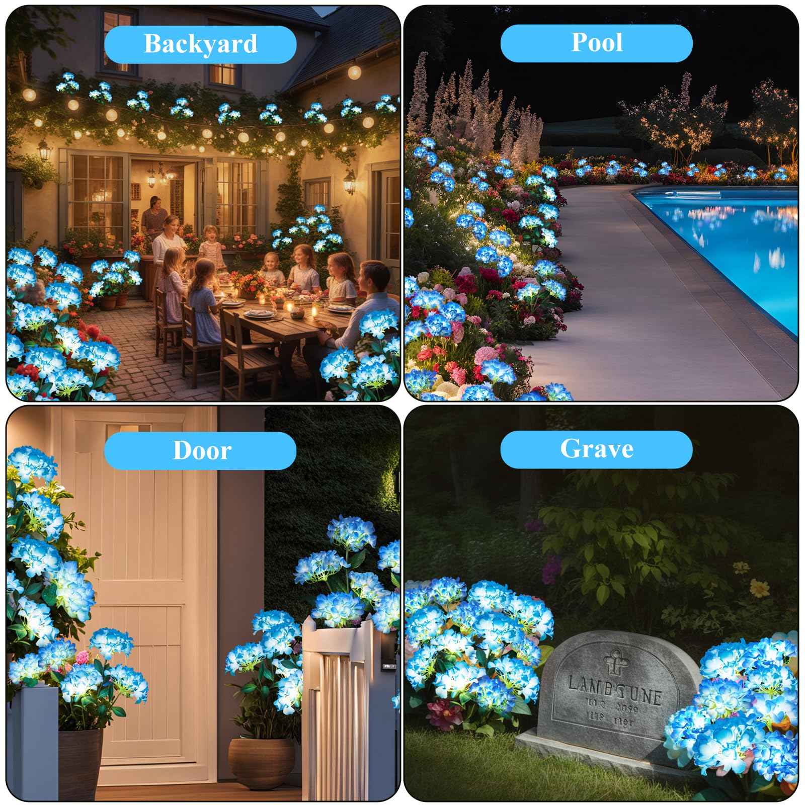 YAODEMA Garden Lights Solar Flower Light, LED Solar Powered Outdoor Light Decor for Path Yard Walkway Patio Balcony Lawn, Hydrangea Artificial Flower (Blue, 2)