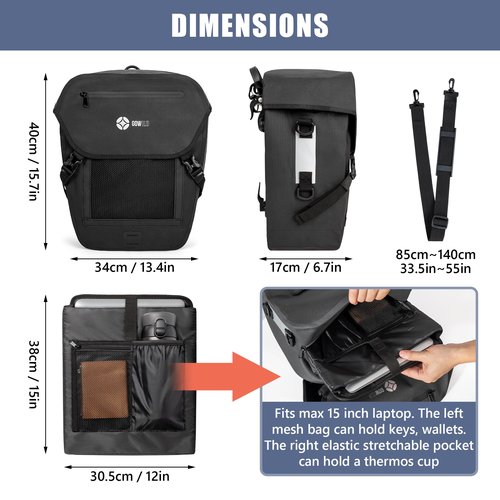 go wild Waterproof Bike Pannier – 500D Polyester Pannier Bike Bag for Rear Rack with Built-in Rain Cover, Laptop Sleeve & Reflective Strips – Bicycle Bag for Commuters – Durable Bicycle Saddle Bag