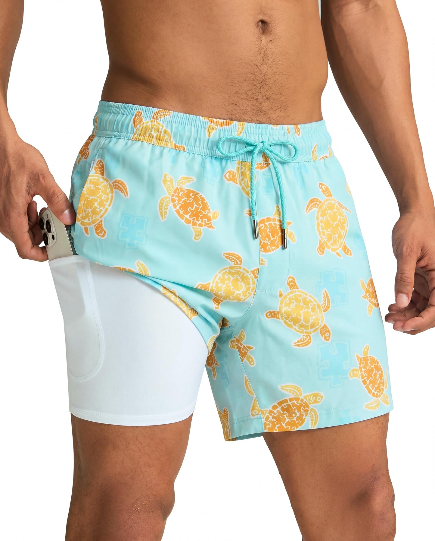 maamgic Mens Swim Trunks with Compression Liner 5 Inch, Quick Dry Bathing Suit with Zipper Pockets, Stretch No-Chafing Swim Shorts, Ocean Turtle Medium