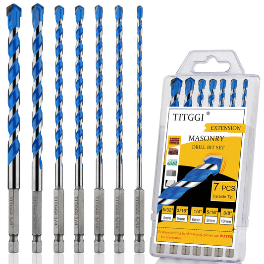 Concrete Drill Bit Set & Masonry Drill Bit Set, Professional Carbide Drill Bits Tip (7 PCS) for Glass/Brick/Plastic/Cement/Tile, 5/32"-3/8" by TITGGI