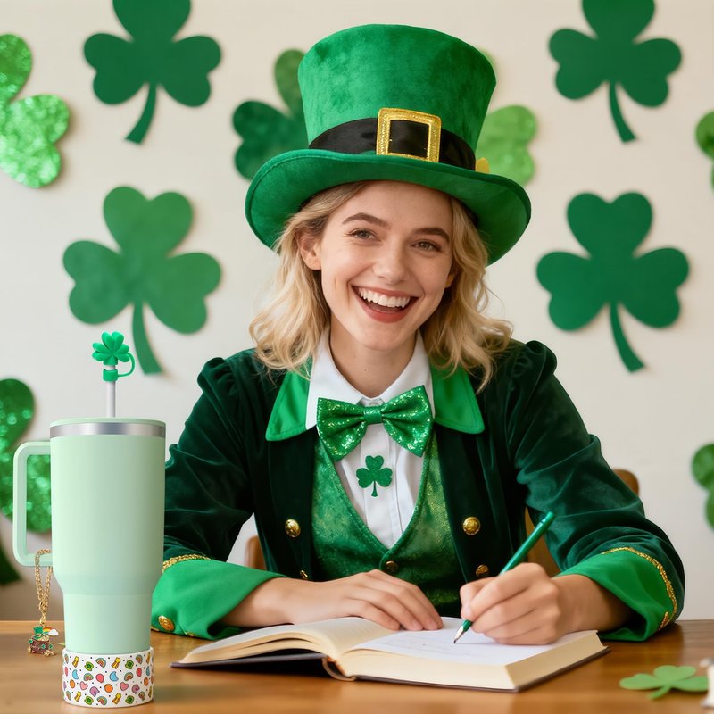 QIMGIC St. Patrick's Day Cup Accessories - 6pcs Shamrock Silicone Boot with Straw Cover Clover Handle Charm Compatible with 30 oz 40 oz Tumblers, Green Decor Gifts for Girls Women Irish Day Party