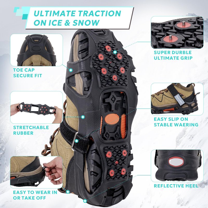 Starrylake Ice Snow Cleats Crampons with 10 Tungsten Spikes with Reflective Strips for Shoes and Boots Anti Slip Traction Cleats for Running, L