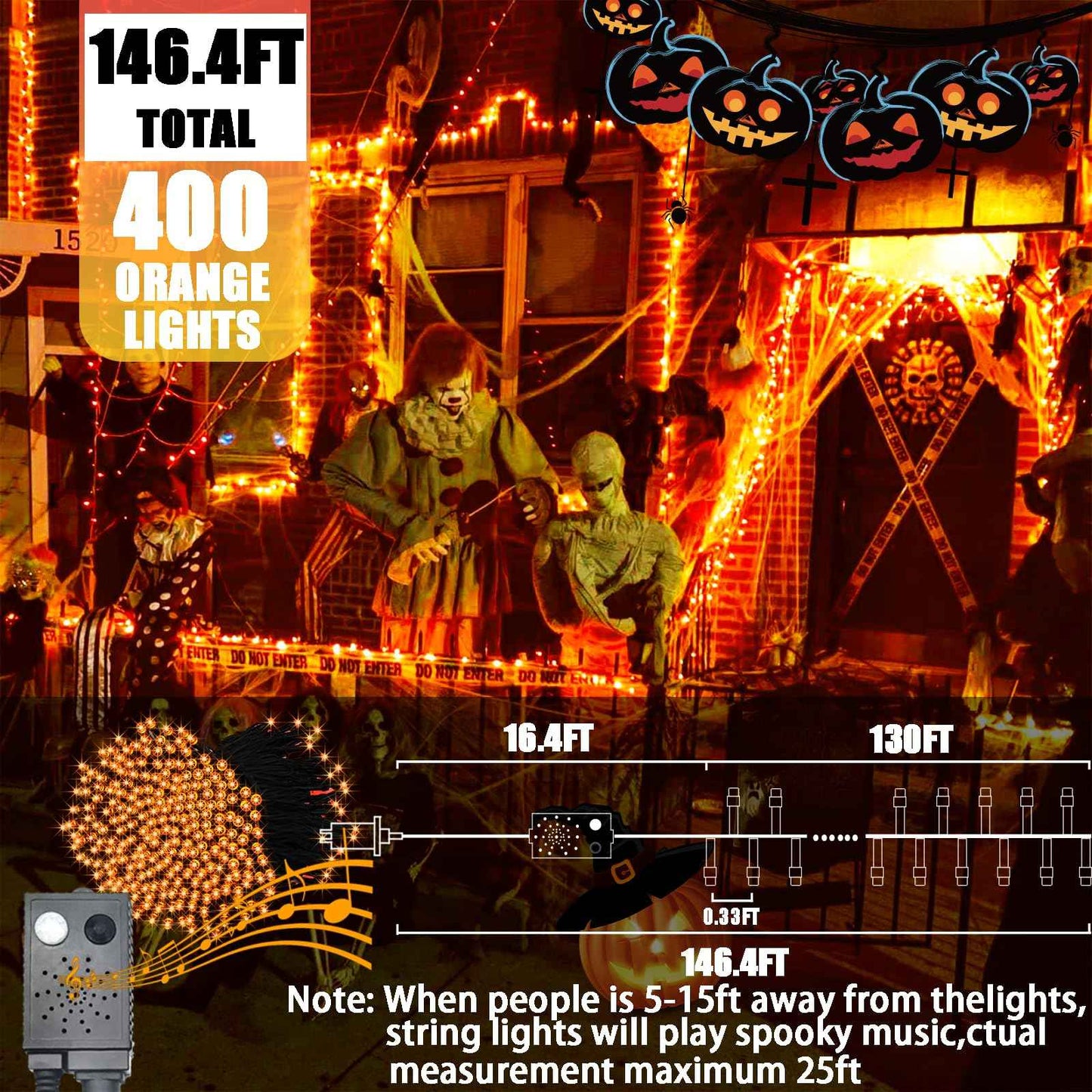 DOTWAYAW 400 LEDs Halloween LED String Lights with Spooky Music and Motion Sensor - Outdoor Waterproof Orange Lights with Sounds for Halloween Thanksgiving and Christmas Decoration