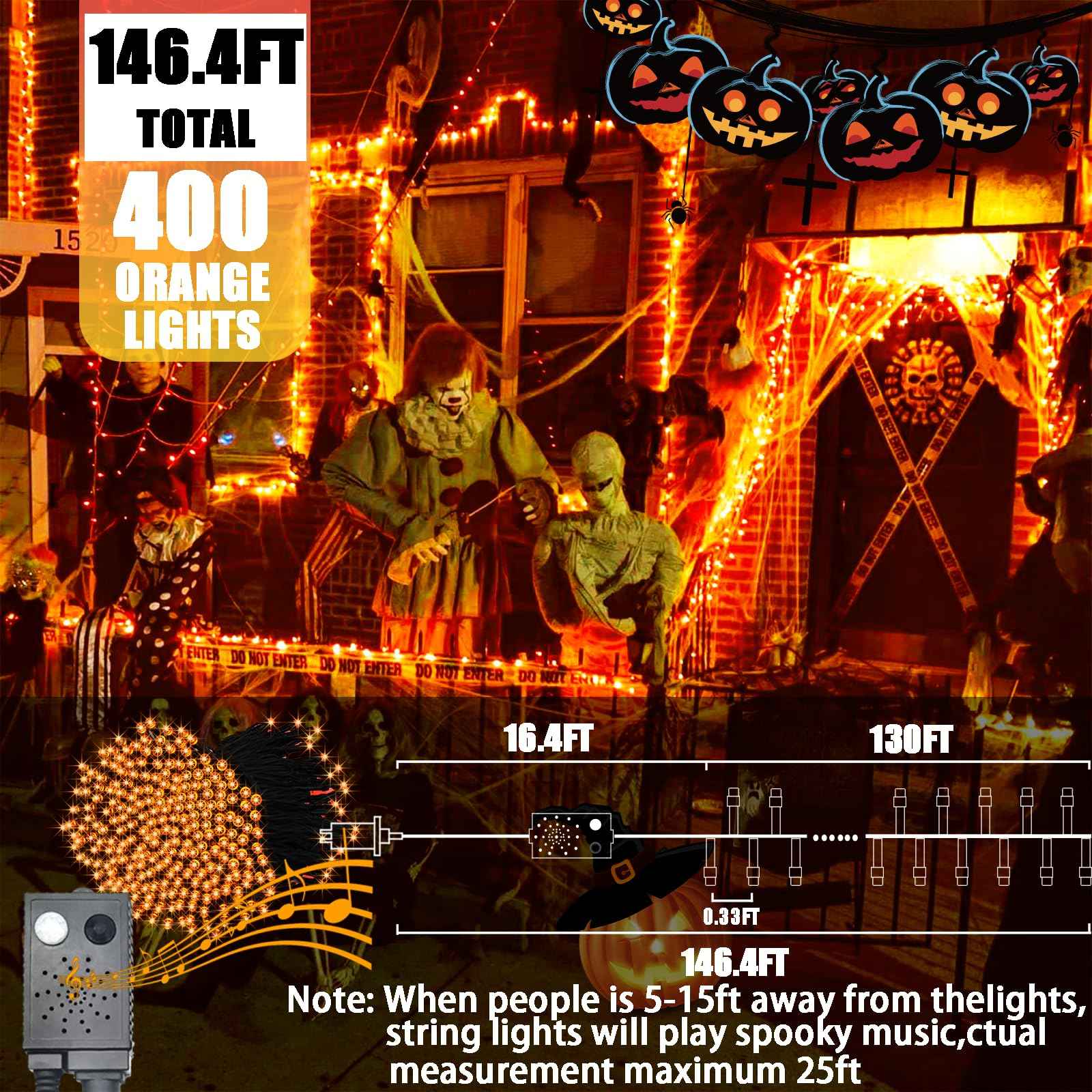 DOTWAYAW 400 LEDs Halloween LED String Lights with Spooky Music and Motion Sensor - Outdoor Waterproof Orange Lights with Sounds for Halloween Thanksgiving and Christmas Decoration