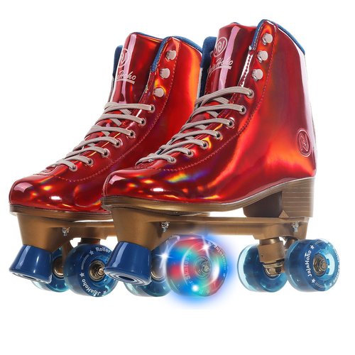 JajaHoho Roller Skates for Women, Holographic High Top Classic Rollerskates, Shiny Double-Row Blue Four Wheels Quad Skates for Girls Indoor & Outdoor (Red, Size 10)