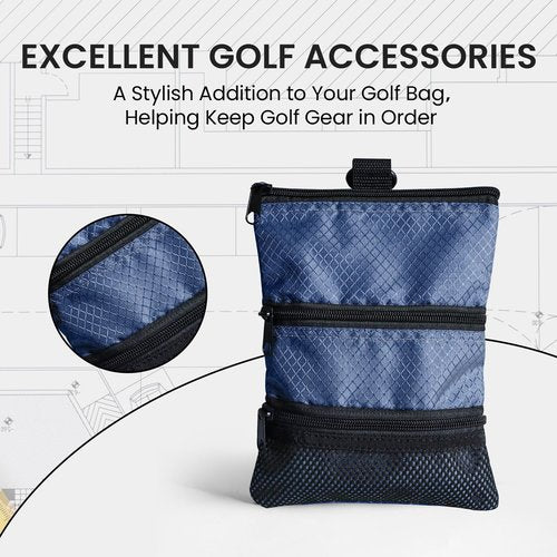 FINGER TEN Golf Pouch Bag for Valuables Tee Color with 4 Golf Pencil Pack, Zippered Pocket Gear Clip Hook to Bag (Blue Pouch Bag)