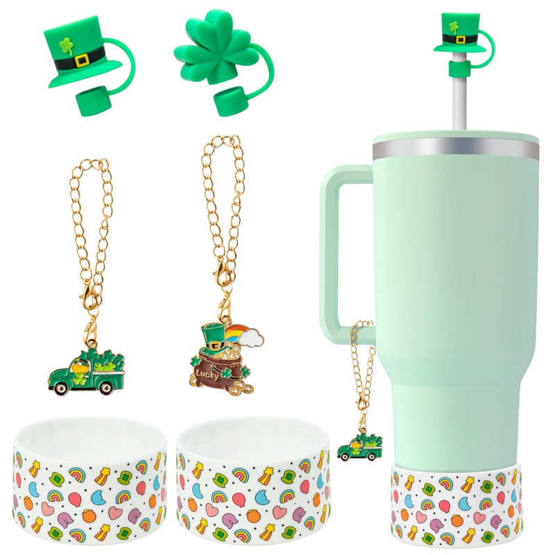 QIMGIC St. Patrick's Day Cup Accessories - 6pcs Shamrock Silicone Boot with Straw Cover Clover Handle Charm Compatible with 30 oz 40 oz Tumblers, Green Decor Gifts for Girls Women Irish Day Party