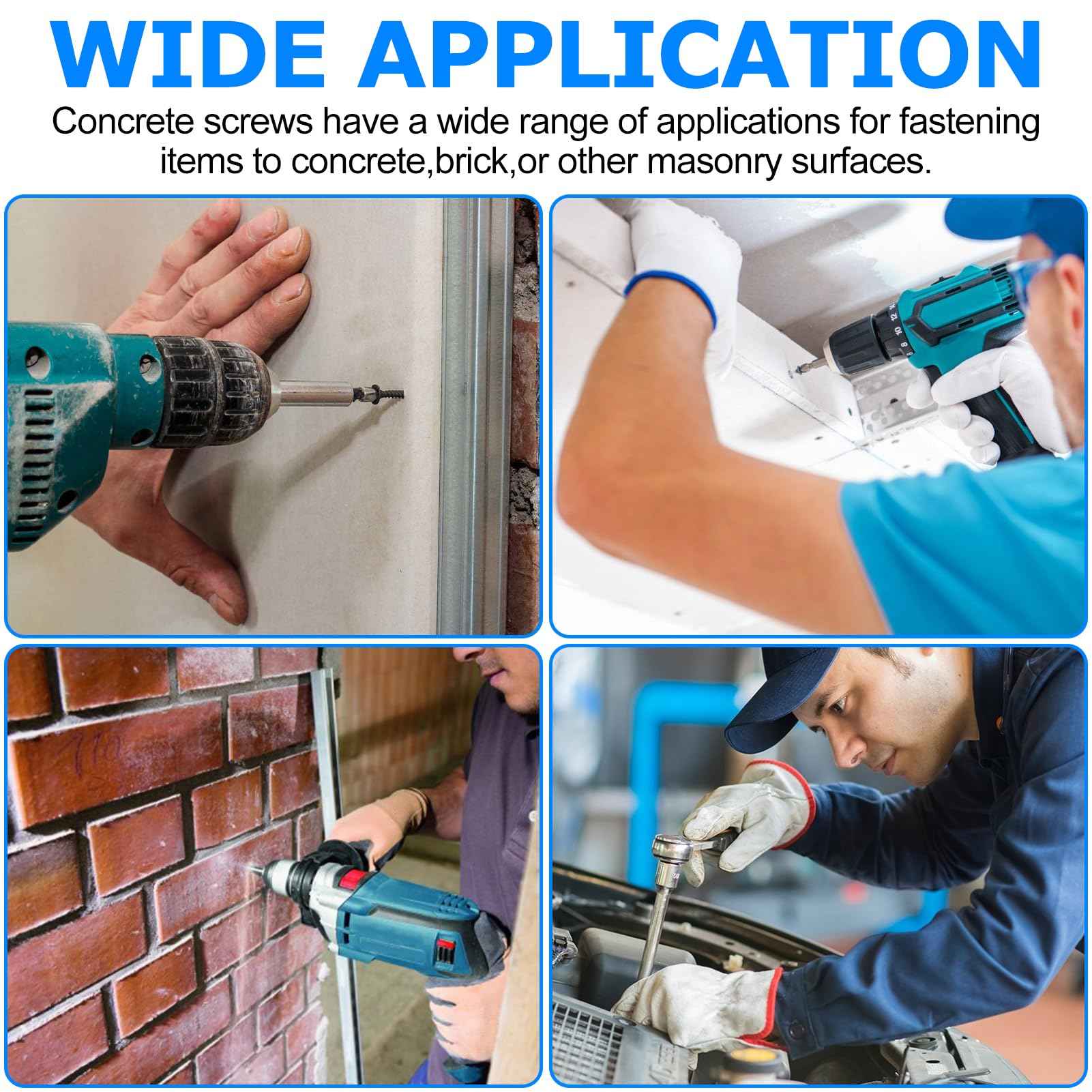 200PCS Concrete Screws Assortment Kit, 1/4 3/16 Masonry Screws with Drill Bit and Driver Bit, 4 Size Flat & Hex Head Cement Screws and Anchors, Diamond Point, Self Tapping Concrete Brick, Blue Coated