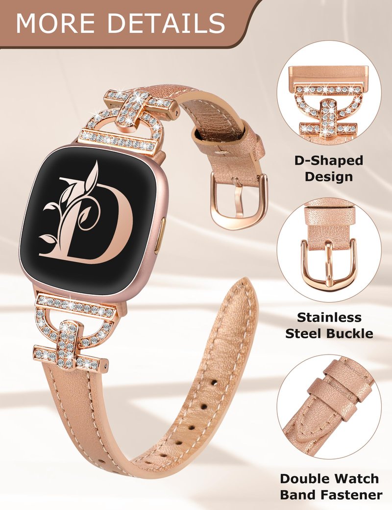 Minyee Leather Bands Compatible with Fitbit Versa 4/Versa 3/Sense 2/Sense Band for Women, Dressy Bling Slim Leather Strap with D-shaped Diamonds Metal Buckle for Versa 3