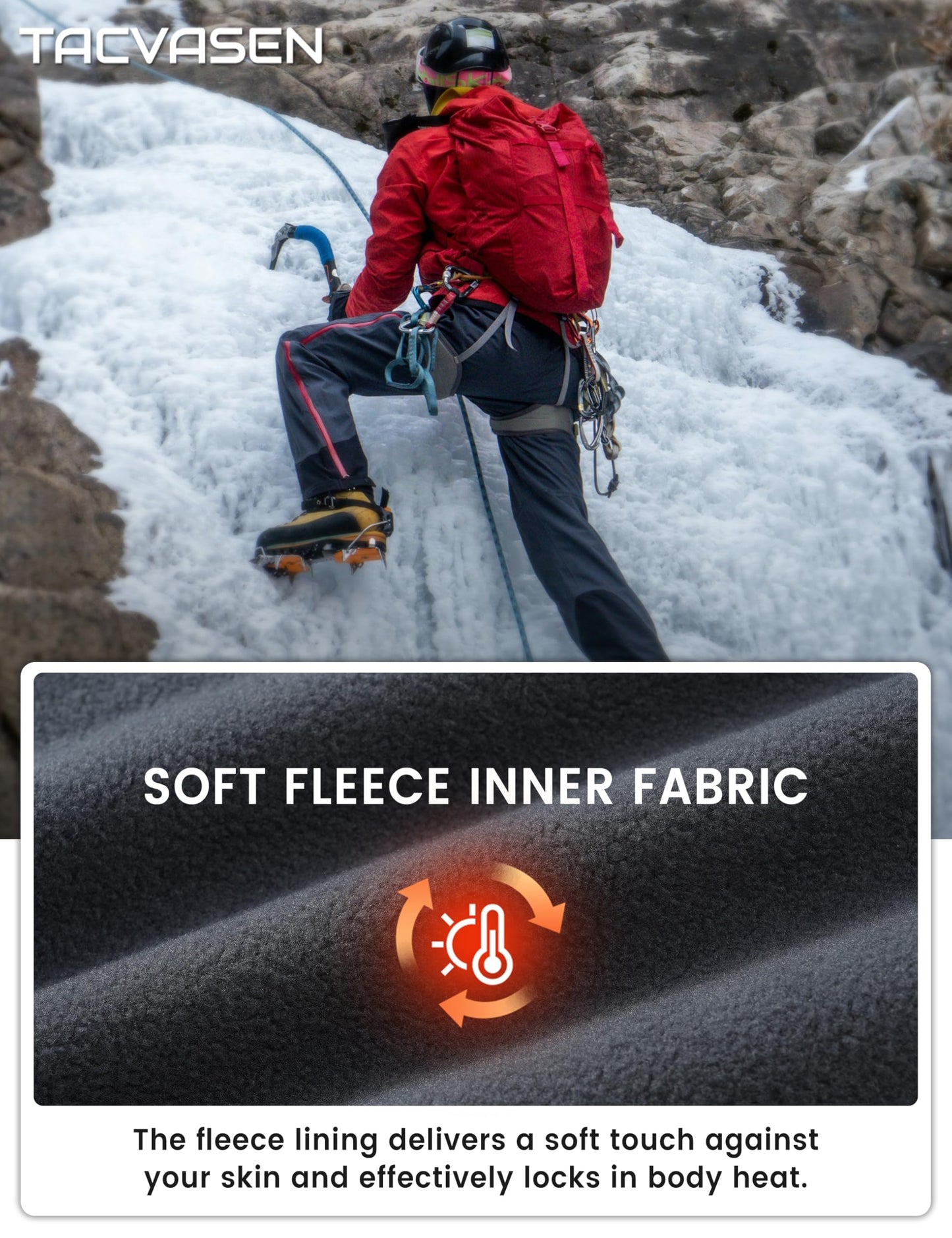 TACVASEN Men's Fleece Lined Hiking Pants Winter Insulated Waterproof Snow Ski Pants Cold Weather Black Cargo Work Trousers with Zipper Pockets