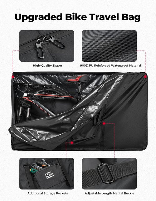 KEMIMOTO Bike Travel Bag, Heavy-Duty 900D Water-Resistant with Fixed Buckles & Interior Compartments, Airplane Bicycle Storage Box Cases Fits 26-29 Inch Mountain, Road E-Bikes (55.9" x 12.6" x 33")