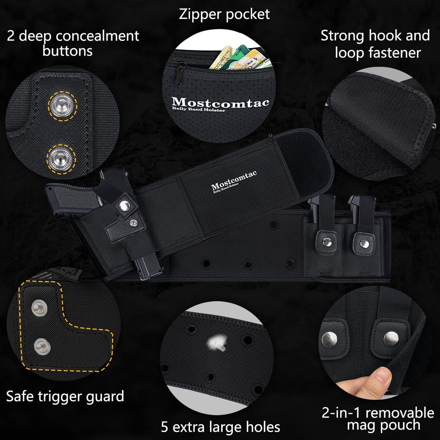 Mostcomtac Belly Band Holster for Men & Women - Breathable Neoprene Gun Holster, Multi - Pocket Tactical Belt for Outdoors, Fits G17-43x, Taurus G3C, G2C and Most 9mm and 380 Handguns（R-S）