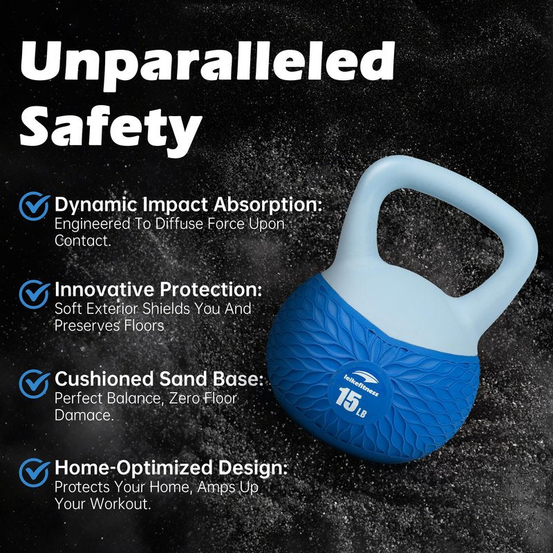 Leikefitness Soft Kettlebells,Anti-Slip Grip Weight for Women and Men,Cushioned Impact-Safe Strength Training Kettlebell,Home workout (Blue-15lb)
