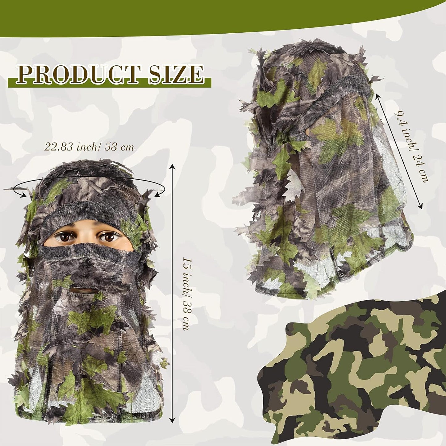 Sintege 3D Camo Turkey Hunting Gear - 3-Piece Leafy Face Mask & Hat Set for Full Coverage