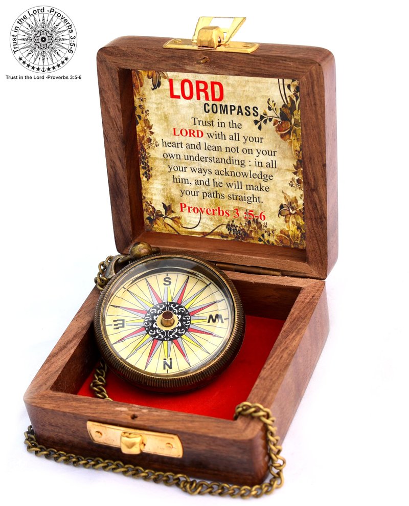 Trust in The Lord with All Your Heart -Proverbs 3: 5-6 Quote Engraved Compass with Wooden Box, Birthday, Baptism, Communion, Christmas, Graduation Day Gifts 2026 Compass for Women Mens Boy Girls