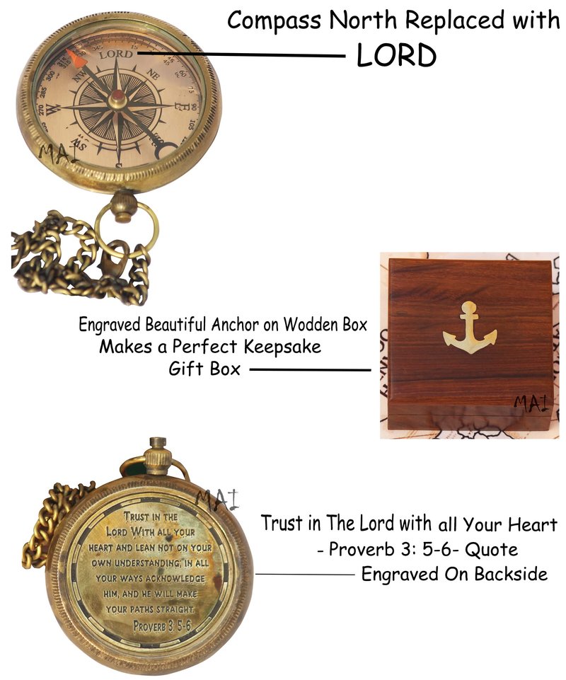 Trust in The Lord with All Your Heart -Proverbs 3: 5-6 Quote Engraved Compass with Wooden Box, Camping Compass, Graduation Day, Religious Gifts, Catholic Gifts for Christmas.