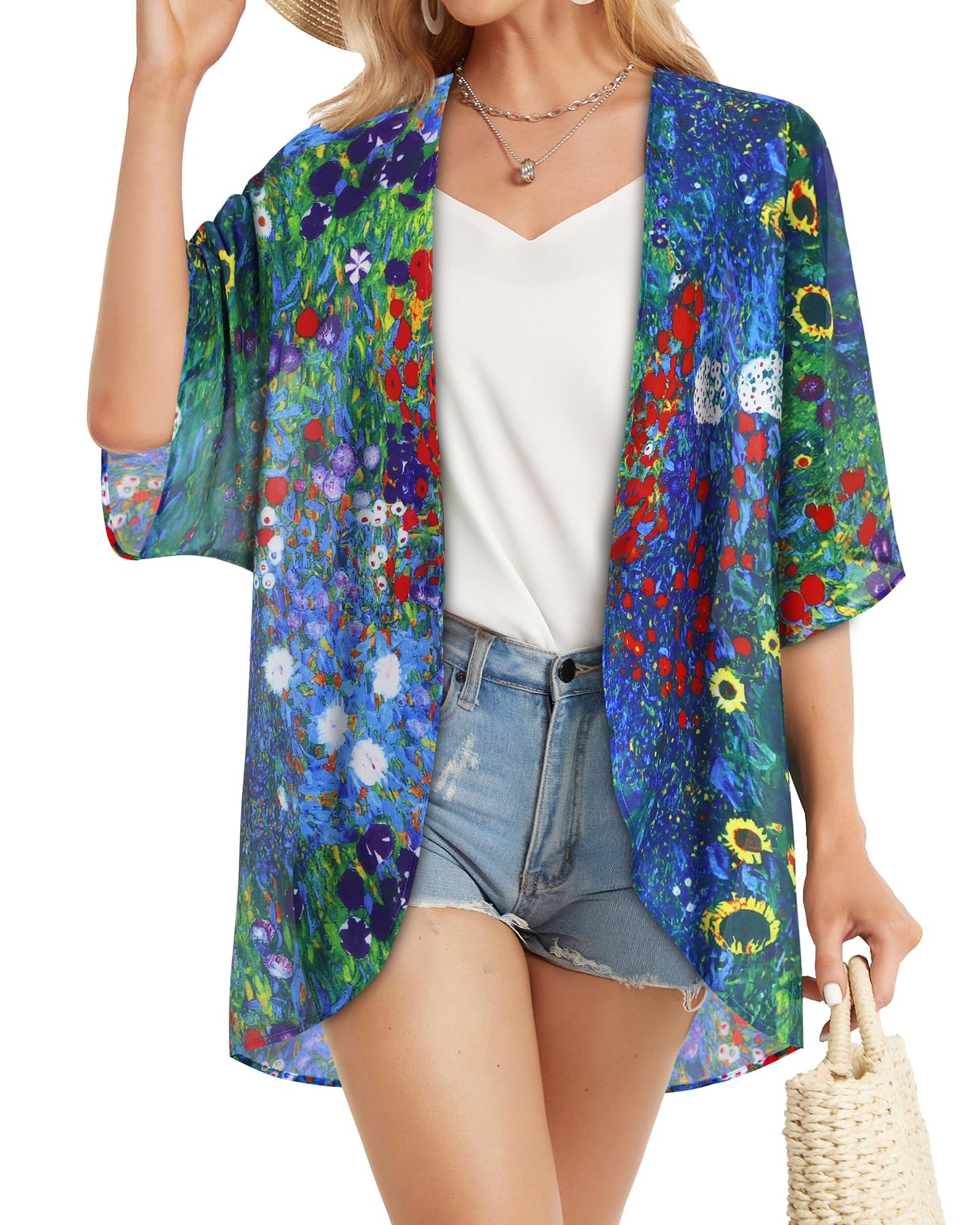 Summer Kimono Cardigan for Women Sheer Hawaii Tops Casual Open Front Swimwear Shirts Beach Cover ups (Green Daisy,L)