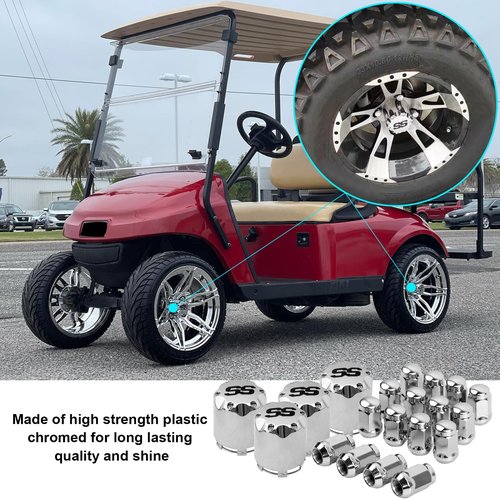 Roykaw Golf Cart Wheel Lug Nuts and Chrome SS Wheel Hub Cap Covers Kit for EZGO Club Car