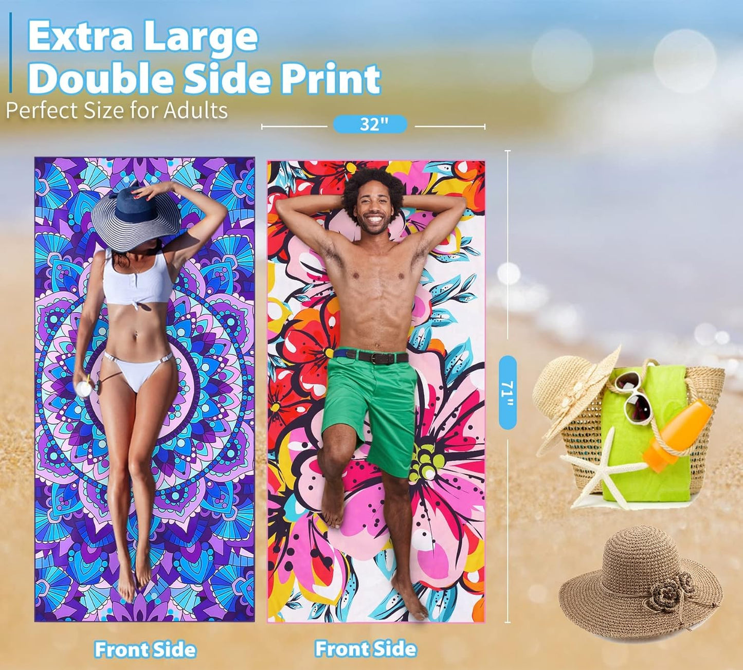 TwoYek Microfiber Beach Towels - Lightweight & Quick-Dry, 71x32" Oversized Sand-Free Essentials