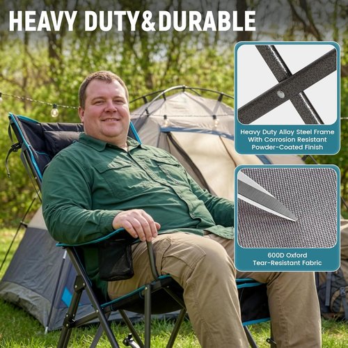 FUNDANGO Oversized Rocking Camping Chair - High Back Padded Folding Lawn Chair with Cup Holders & Carry Bag | Supports 440 lbs (Black)