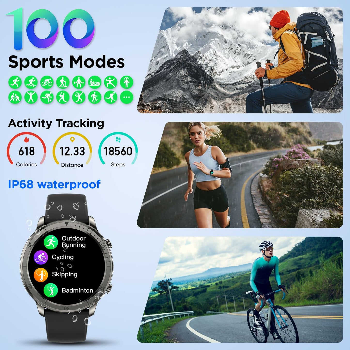 BENIO Smart Watch, Health Fitness Tracker Watch for Men Women IP68 Waterproof, Multi-Sport Mode Activity Tracker, Heart Rate/SpO2/Sleep/Stress Pedometer Step Calorie Counter for Android & iPhone,Black