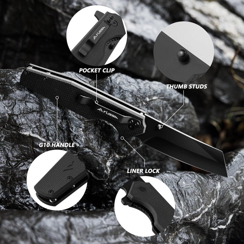 FLISSA Folding Knife, 4-3/4" Reverse Tanto Folding Pocket Knife, Black Stonewash Blade, G10 Handle, for Hunting, Survival, Camping and Outdoor Activities, Perfect for Dad, Husband, Friend